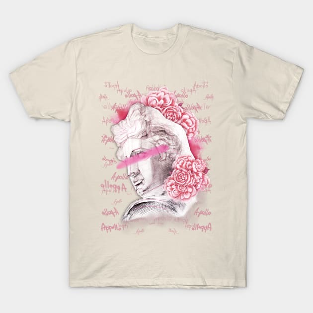 Apollo head statue with a pink peony flowers and buds on a black background. T-Shirt by Olena Tyshchenko